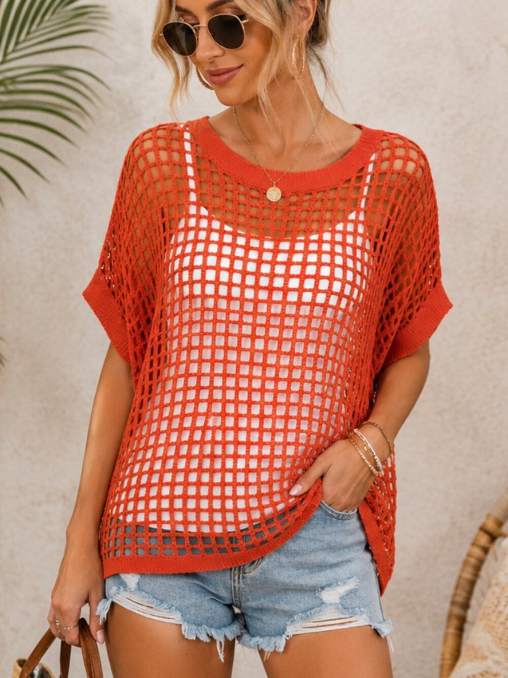 Orange Open Knit Tunic Top Medium Boho Beach Cover Up Short Sleeve Sweater